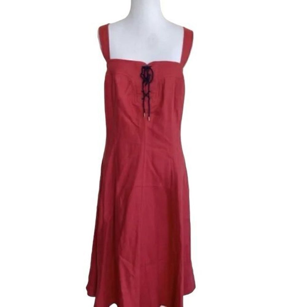 RALPH LAUREN Dress Cranberry Red 100% Linen Pockets Navy Lace, Zipper Sz 14 NEW
